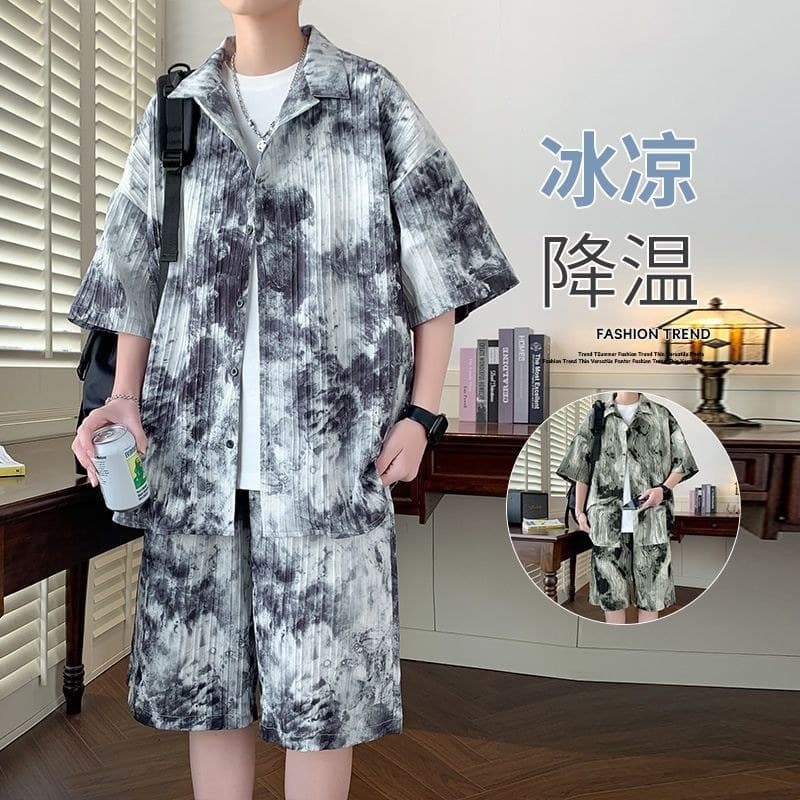 Novo estilo chinês Tie-Dye tinta estilo camisa de manga curta terno masculino feminino fino Casual solto tendência respi