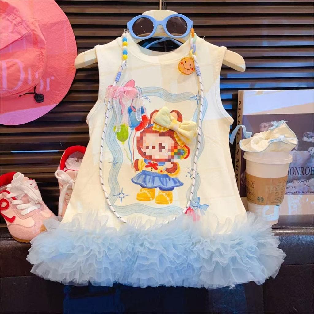 [Novidades] [Saia colete de renda] Verão novo estilo feminino estampa renda coreana vestido combinado roupas infantis sa