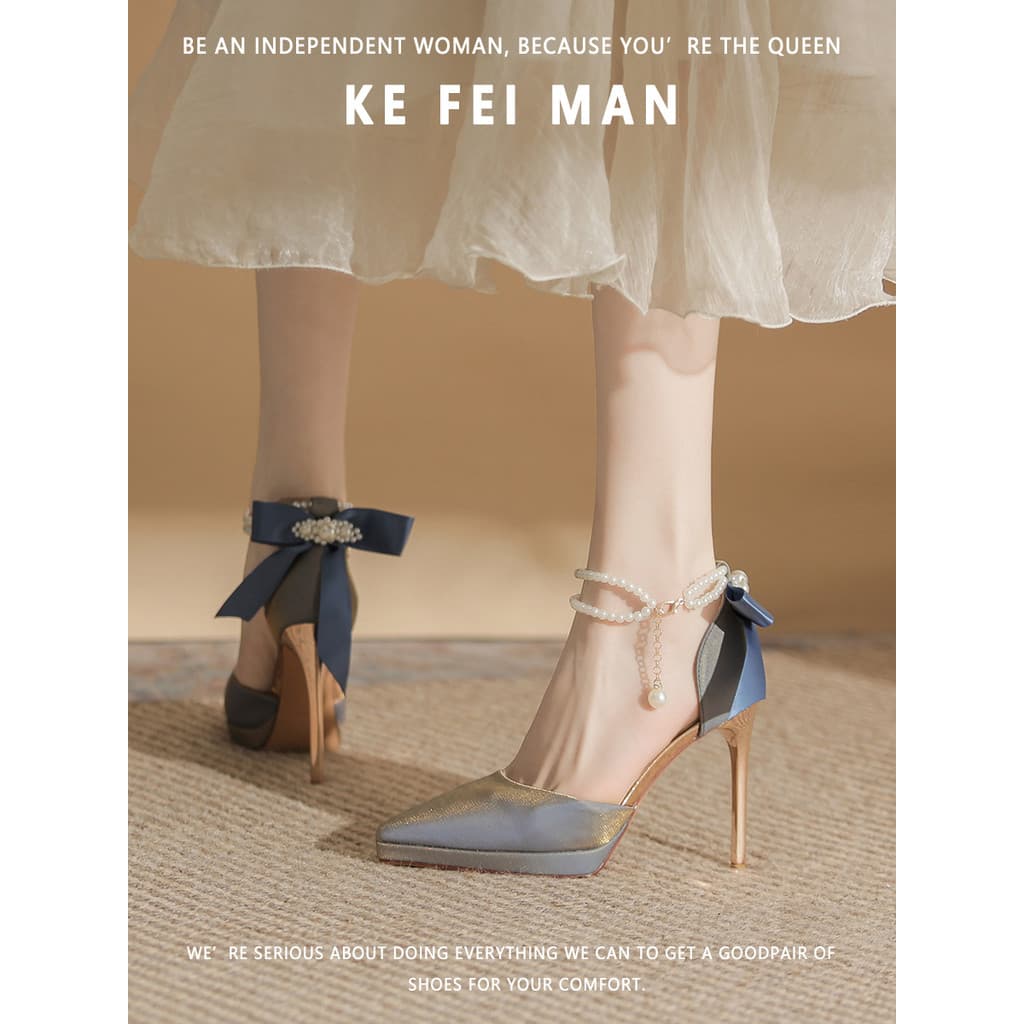 [Kefiman] Sandálias de salto alto lindas com fita de pérola femininas plataforma de verão salto alto não cansado 10 cm a