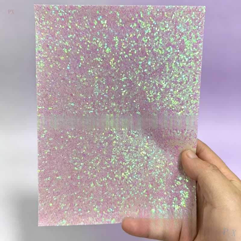 Folha de Couro Sintético com Glitter Iridescente, Tecido Grosso com Glitter PX em Rosa e Branco
