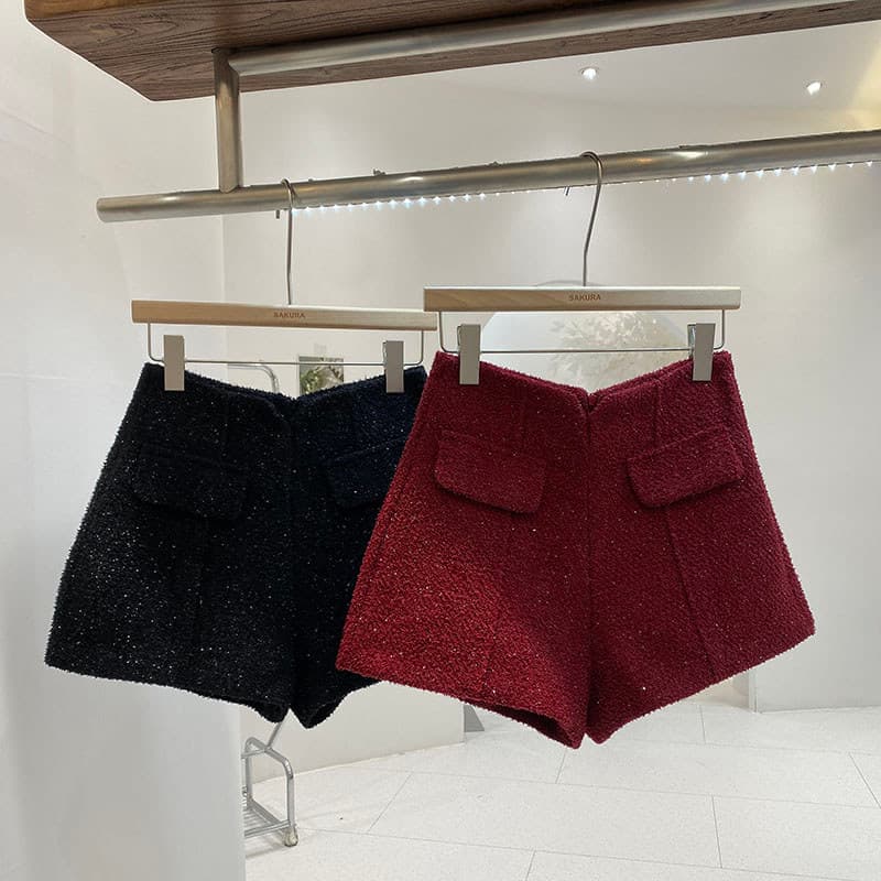 Retro vermelho Tweed Shorts feminino 2024 outono inverno novo estilo versão coreana elegante mais magro olhar pequena fr