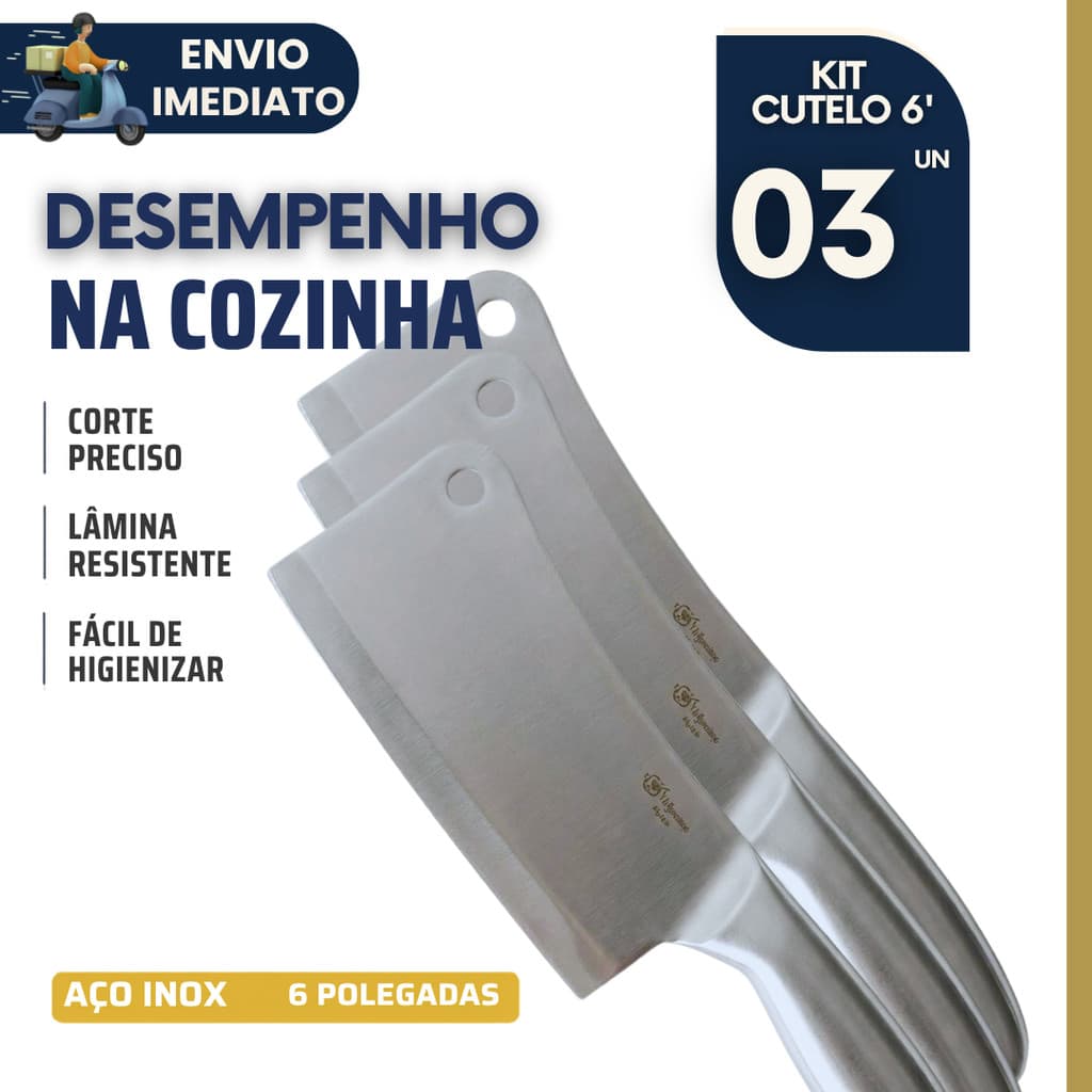 Kit 3 Faca Cutelo Aço Inox 6 Polegadas Profissional Açougueiro Corta Osso Carnes Churrasco Cozinha