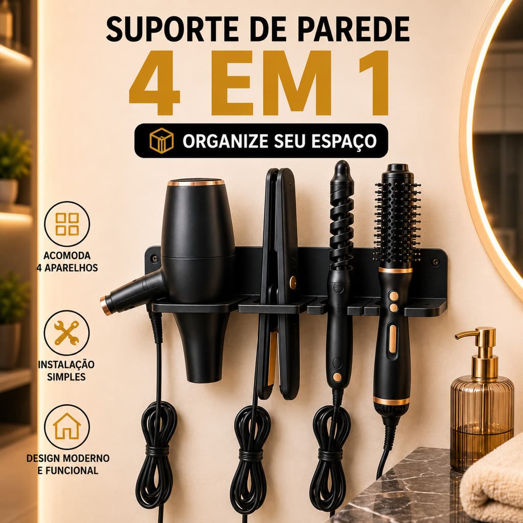 Suporte de Parede 4 em 1 para Secador, Chapinha, Babyliss e Escova elétrica