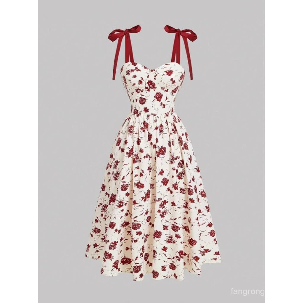 Novo Produto de Verão 2025: Vestido Elegante com Renda no Ombro, Estampa Floral, Cintura Fina, Casual e Elegante para Fé