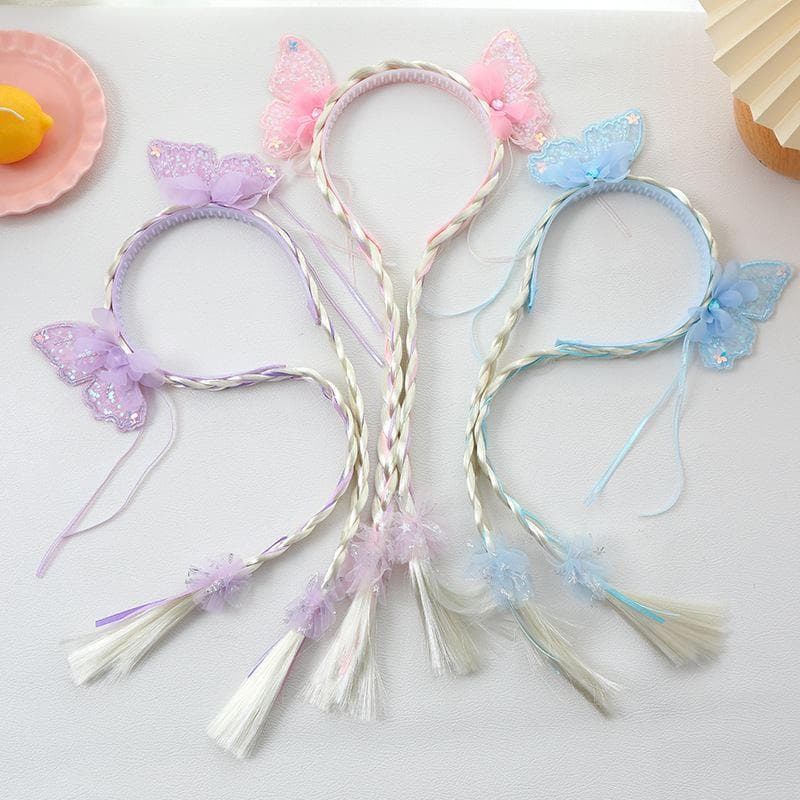 Meninas peruca longa trança bandana borboleta acessórios de cabelo gelo princesa flor bandana crianças desempenho adereç