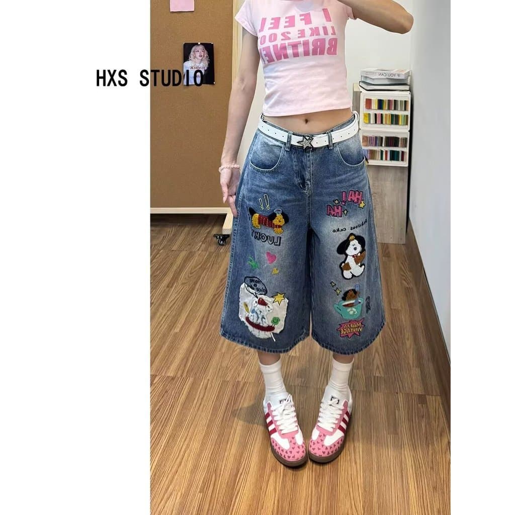 Plus Size roupas femininas deste ano Popular bonito bordado Jeans feminino verão gordura mm calças Retro solto calças re