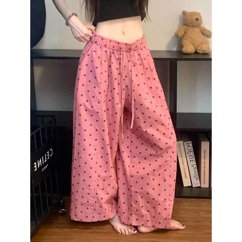 [Venda com desconto por tempo limitado] Calça Casual de bolinhas rosa versão coreana, sensação solta preguiçosa, solta,