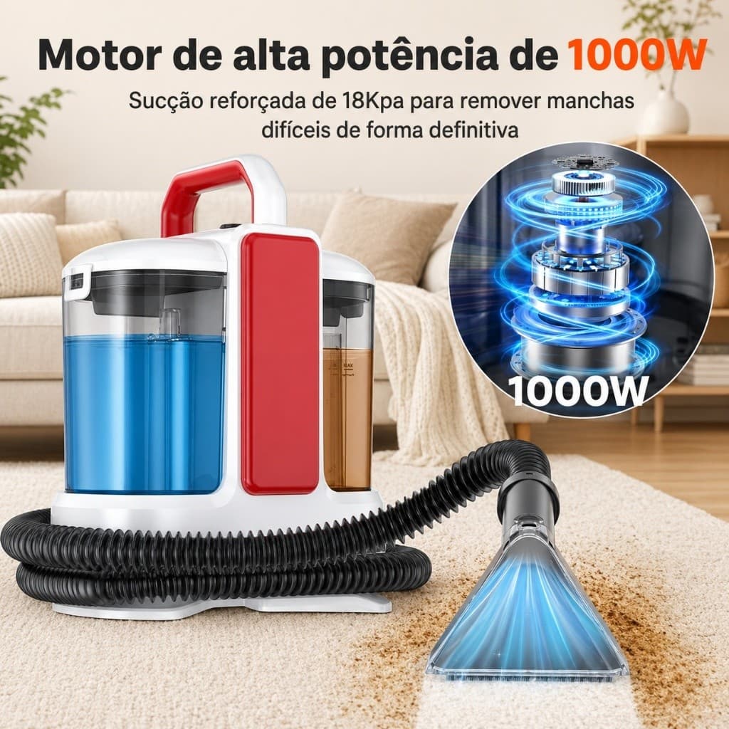 Limpador Extrator Portátil 1000W Sucção 18Kpa, Limpeza de Sofá, Tapete e Estofados Automotivos