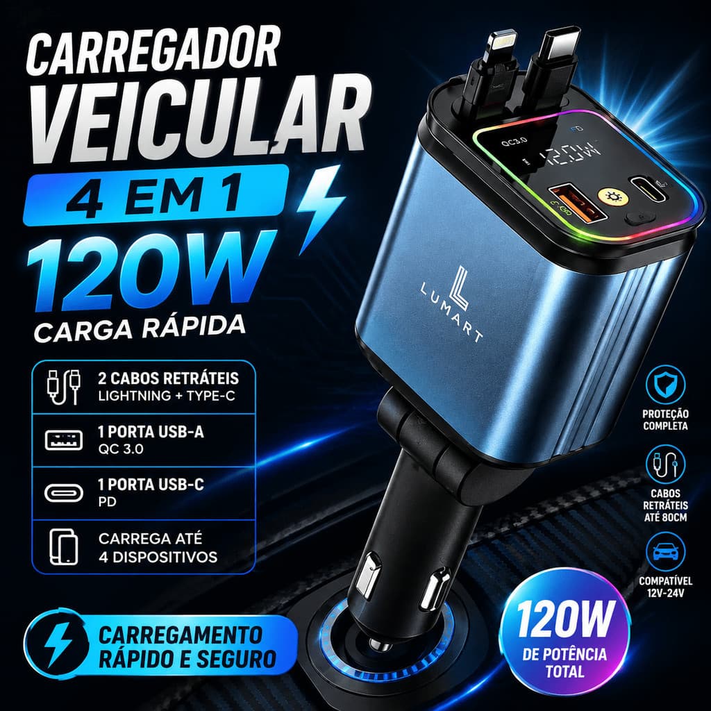 Carregador Veicular Retrátil 4 em 1 120W com LED | Carregamento Rápido para iPhone e Android