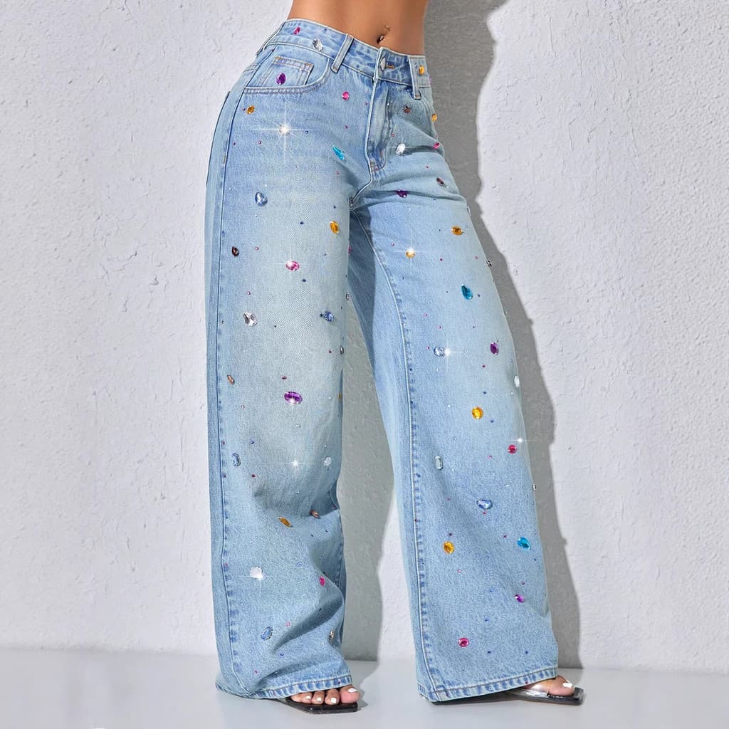 Mulheres Cintura Alta Solta Perna Reta Lavada Calças Jeans Com Strass Decoração Casual Uso Diário Longos