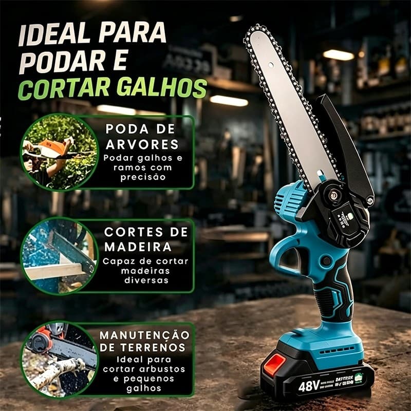 Serra Elétrica Portátil Recarregável, Corrente 6 Polegadas, Bivolt 110V/220V, com 2 Baterias