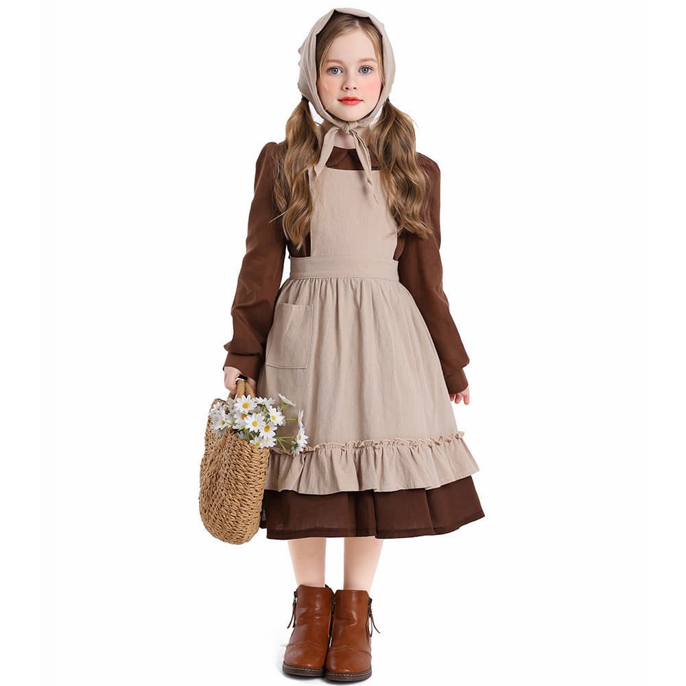 Fantasia de Empregada para Menina, Traje de Cinderela para Apresentações Teatrais, Estampa Floral de Primavera e Outono,