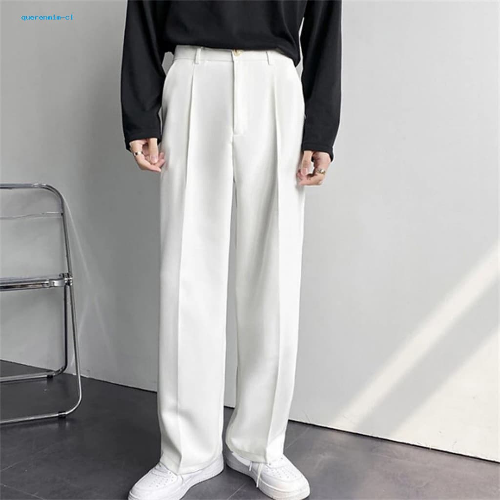Reliable Pocketed Men Trousers Men's High Waist Casual Suit Pants with Button Zipper Fly Straight Wide Leg Solid Color L