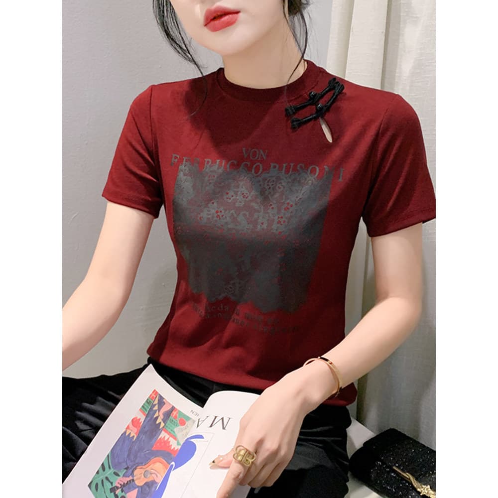 Moda impressa camiseta roupas femininas 2024 novo estilo novo estilo chinês fivela topo fino-ajuste All-match camiseta d