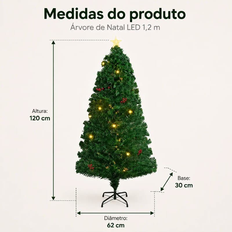 Árvore de Natal Artificial LED Decorativa 1,20M com Estrelas e Pitangas PVC Bivolt 120 Pontas OIH-9012