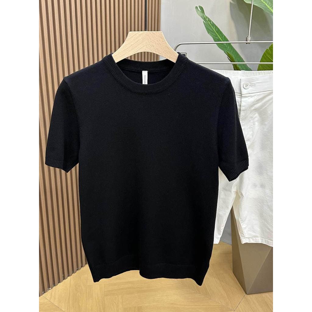 Primavera verão masculino novo estilo em torno do pescoço de malha Bottoming manga curta na moda cor sólida All-Match fi