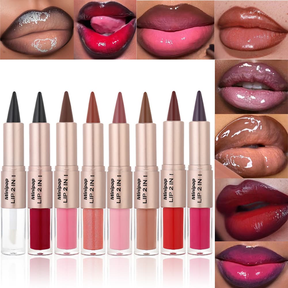 Lápis Labial Matte 2 em 1 e Batom Gloss com Espelho de Dupla Ponta