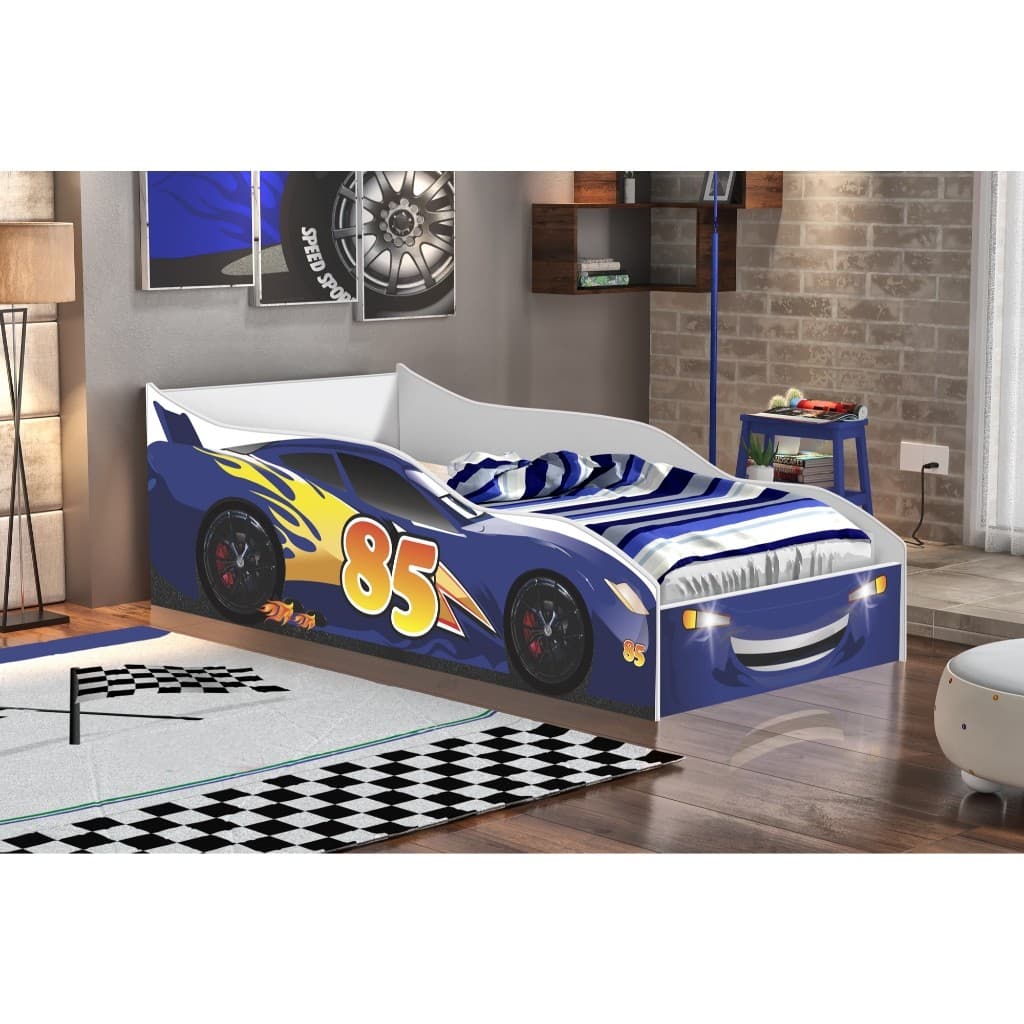 Cama Infantil Carro McQueen Azul com Colchão Incluso Montessoriana MDF Compacta com Grade de Proteção para Criança