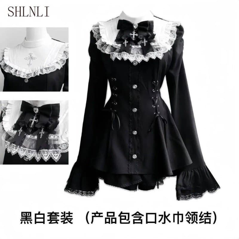 Saia Curta Feminina com Laço Escuro na Cintura, Estilo Japonês Fofo Lolita, Manga Longa para Outono Inverno GXRC