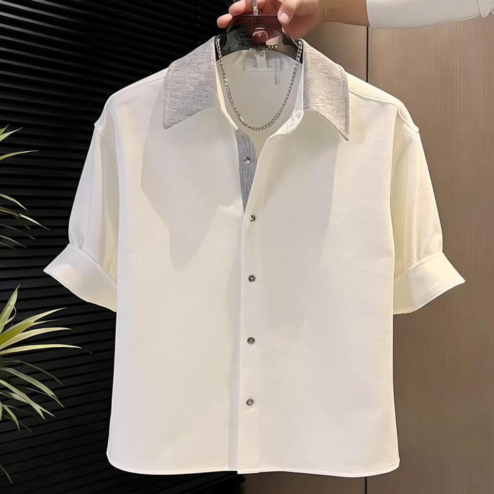 Versão coreana estilo casual Cardigan costura camisa solta lapela manga curta respirável masculino contraste cor juventu