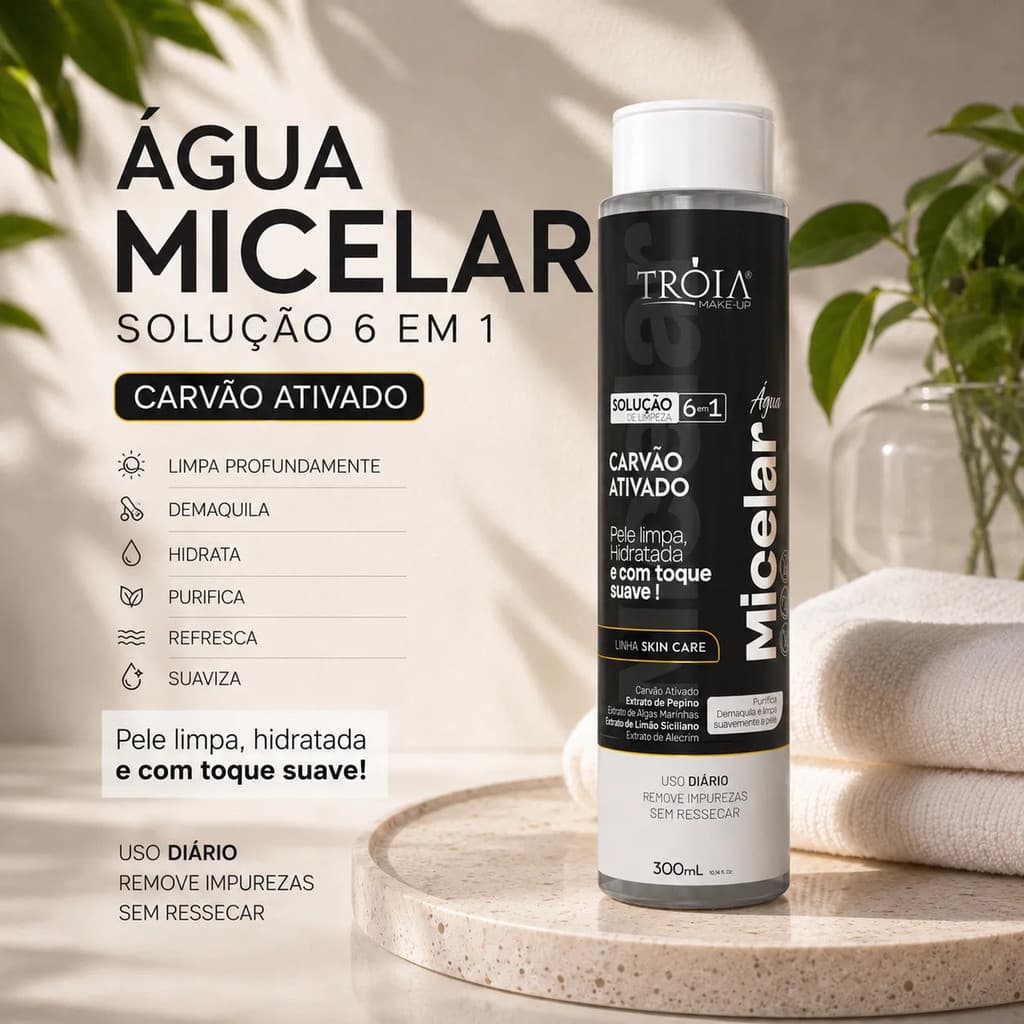 Água Micelar Carvão Ativado 6 Em 1 Demaquilante Para Uso Diário - Tróia Make Up
