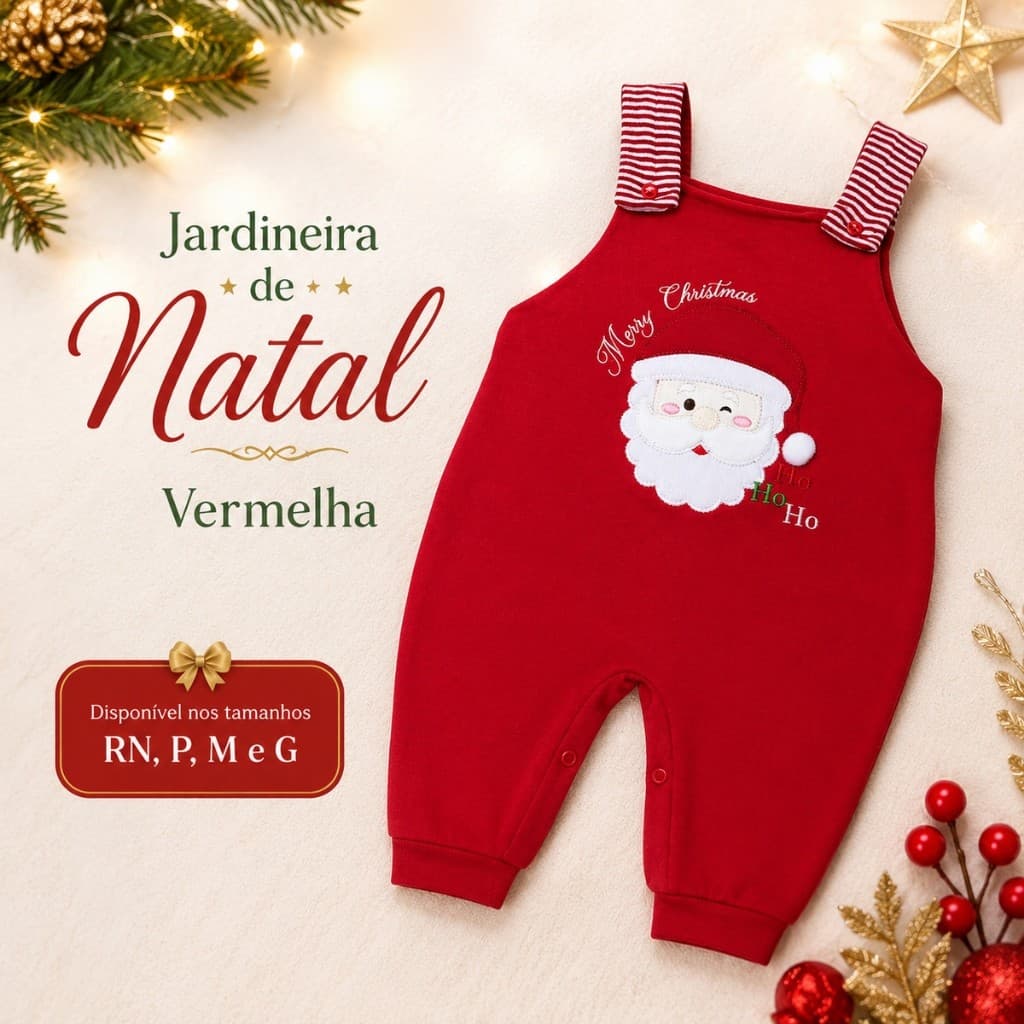 Jardineira de Natal para Bebê Conjunto Infantil Bordado Papai Noel
