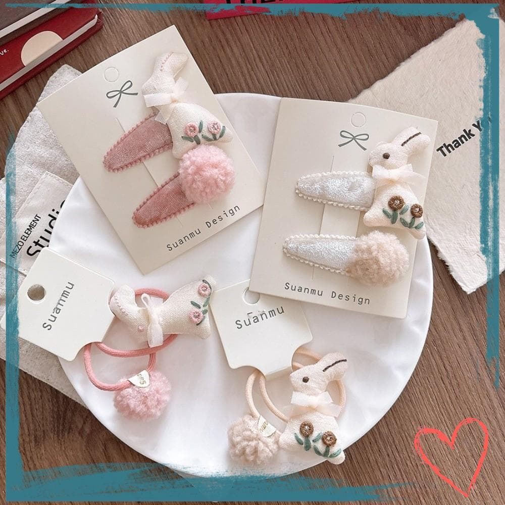 MIHAN Side BB Clips , Conjunto De Grampos De Cabelo De Veludo Bordados Pom , Laços Estilo Princesa De Coelho De Desenho