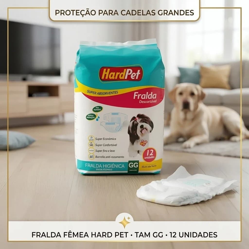 🐶 12un Fralda Descartável Higiênica Cães Fêmea Hard Pet GG Geriátrica Incontinência Pós-Operatório 🐾