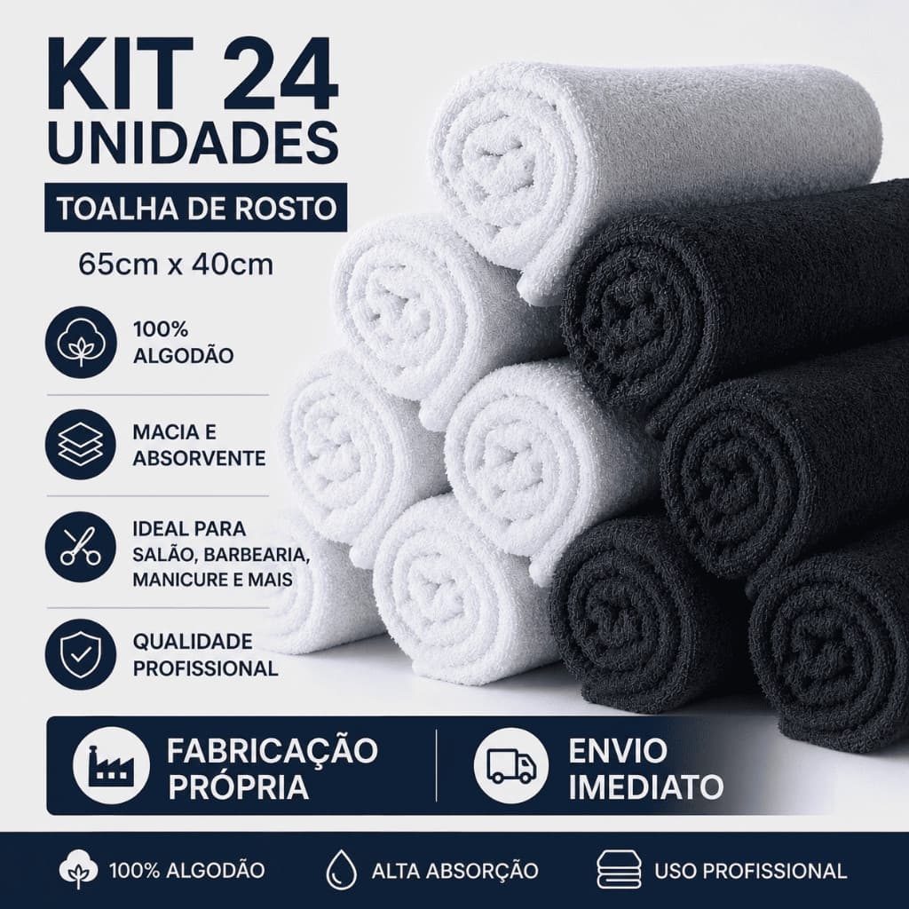 Kit 24 Toalhas de Rosto 100% Algodão | Uso Profissional