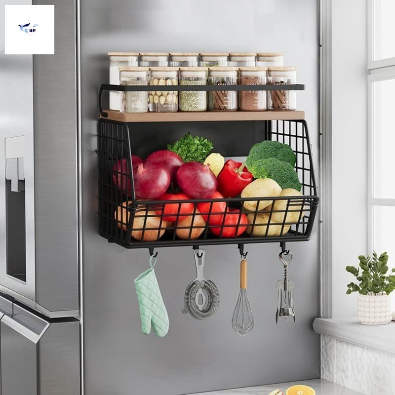 Cesta De Frutas De Madeira De Ferro Montada Na Parede-Rack De Armazenamento Magnético Dobrável Para Geladeira De Cozinha