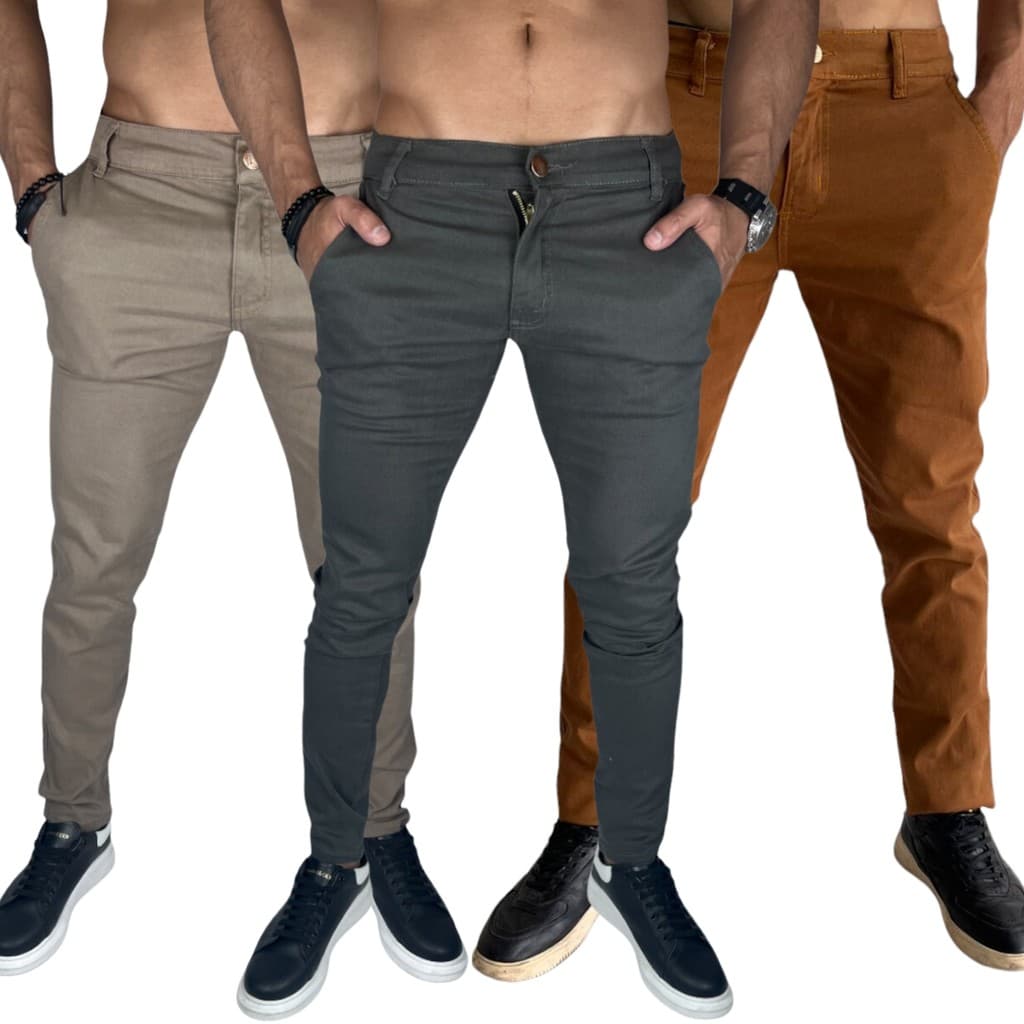 3 Calças Sarja Masculina Estilo Italiano Casual Chic Tecido Premium Confortável