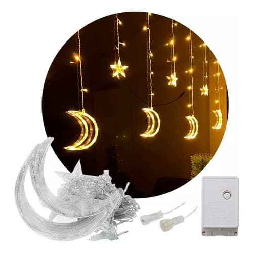 Cascata Decoração Natal Lua Estrela 138 Leds 8 Funções 2,5m Branco Quente