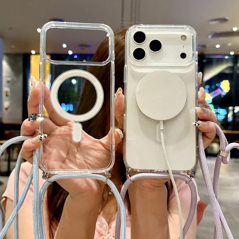 Crossbody Cordão Colar Corda Caso Claro Para iPhone 17 16 Pro Max 17 Ar 16 Plus Magnético Capa De Carregamento Sem Fio