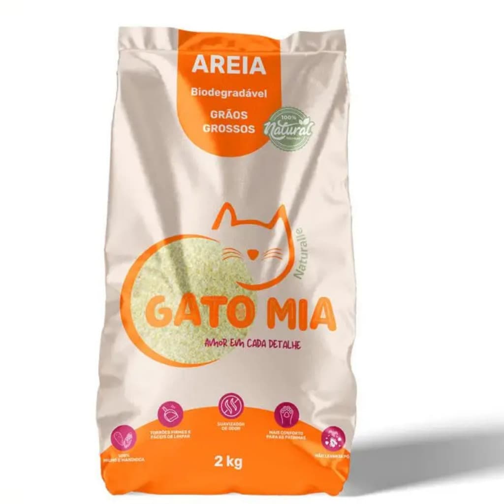 Areia Milho e Mandioca para Gatos Grão Grosso Gatomia 2Kg Natural