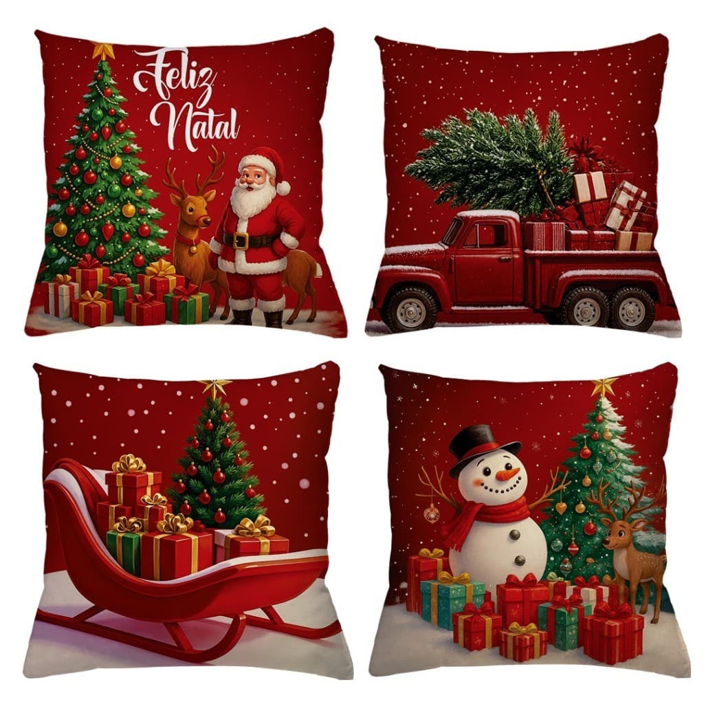 Kit 4 Capas de Almofada Natal Decorativas 45x45cm c/ Zíper Invisível Decoração Sala Sofá Pronta Entrega