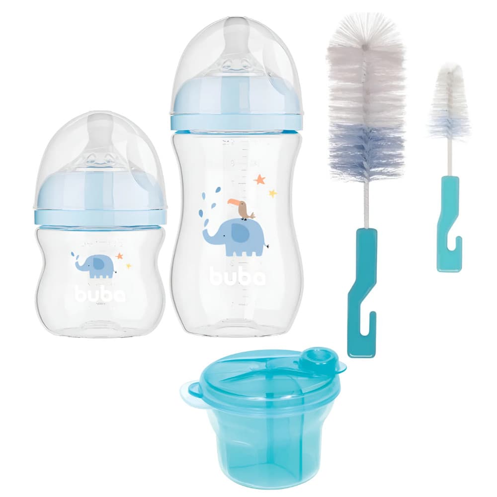 KIT C/  ESCOVA P MAMADEIRA , 2 MAMADEIRAS E POTE P/ LEITE EM PO AZUL - BUBA