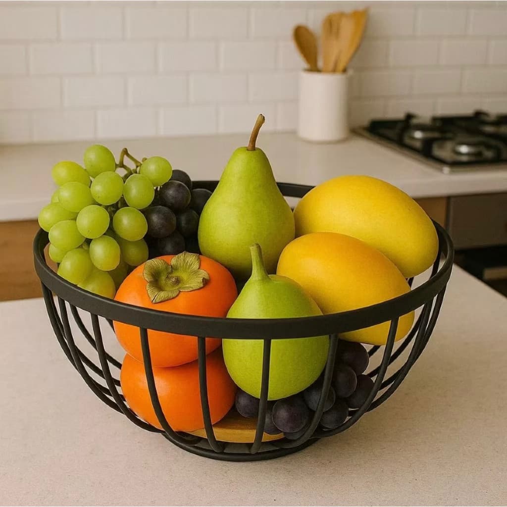 Fruteira de Mesa Rustica de Ferro e Bambu para Café da Manhã de Metal Preto Multiuso