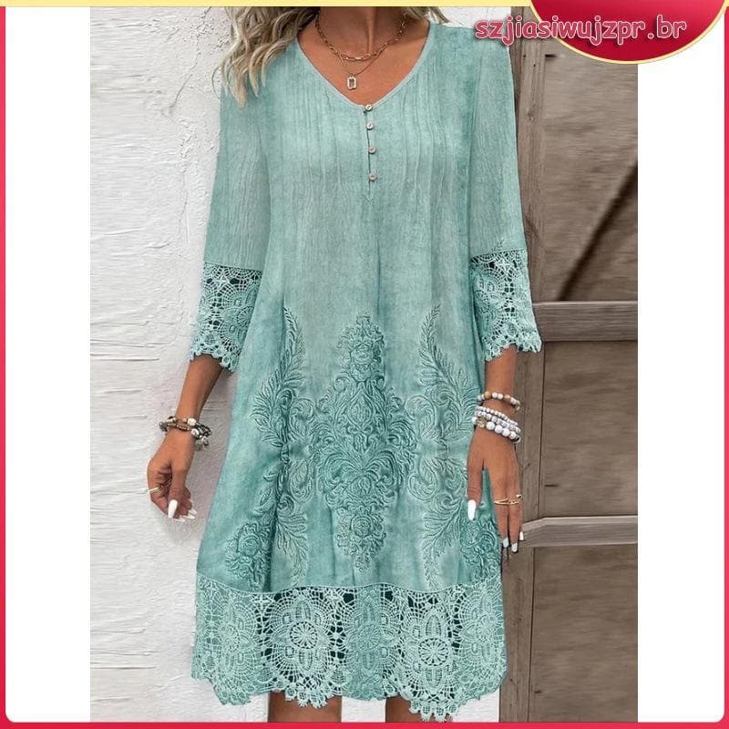 Primavera outono cor sólida vestido de renda senhoras Casual solto vestido de comprimento médio
