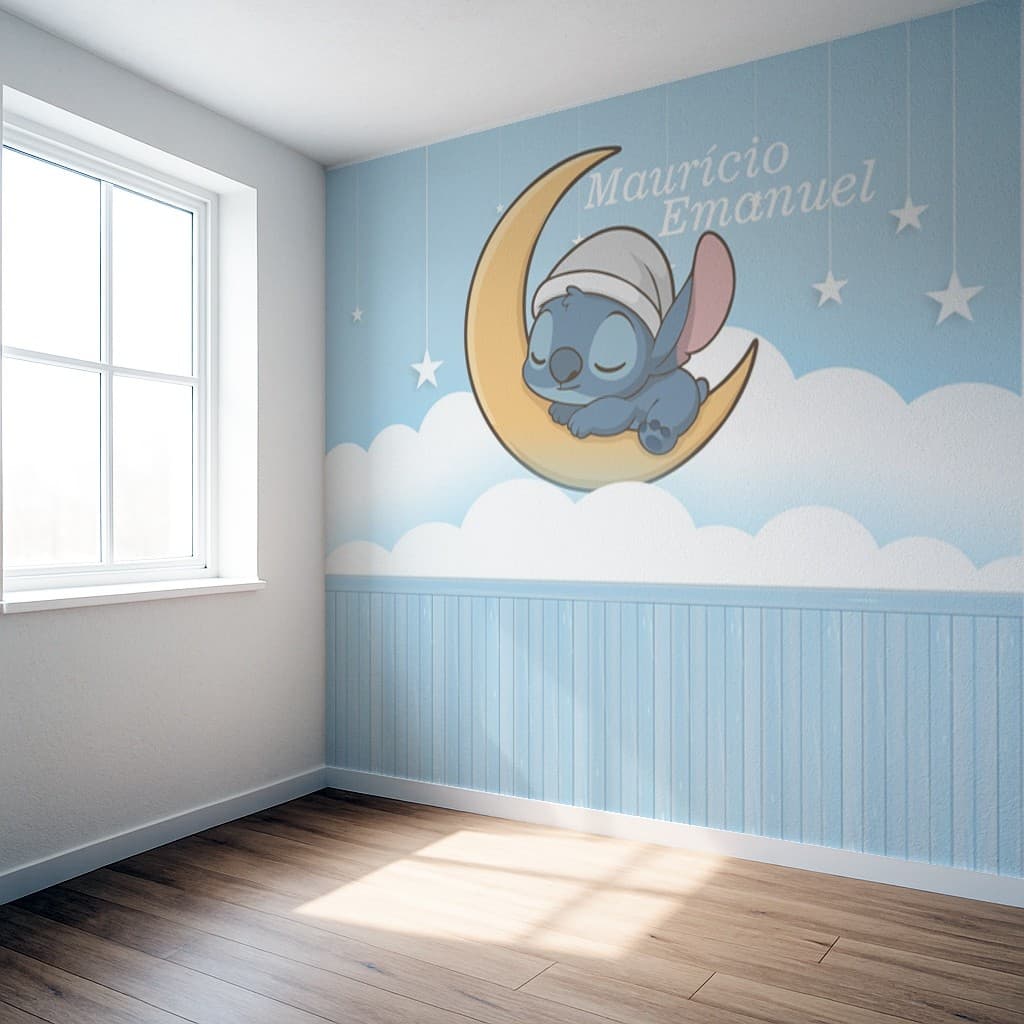 Papel de Parede Tema Stitch Baby  para quarto de Bebê + Nome  M² parede total