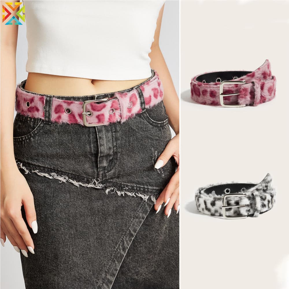 Bonito De Pelúcia Leopardo Impressão Cinto Feminino Tendência Y2k Meninas Versátil Jeans Acessórios Plutônio Pino Fivela