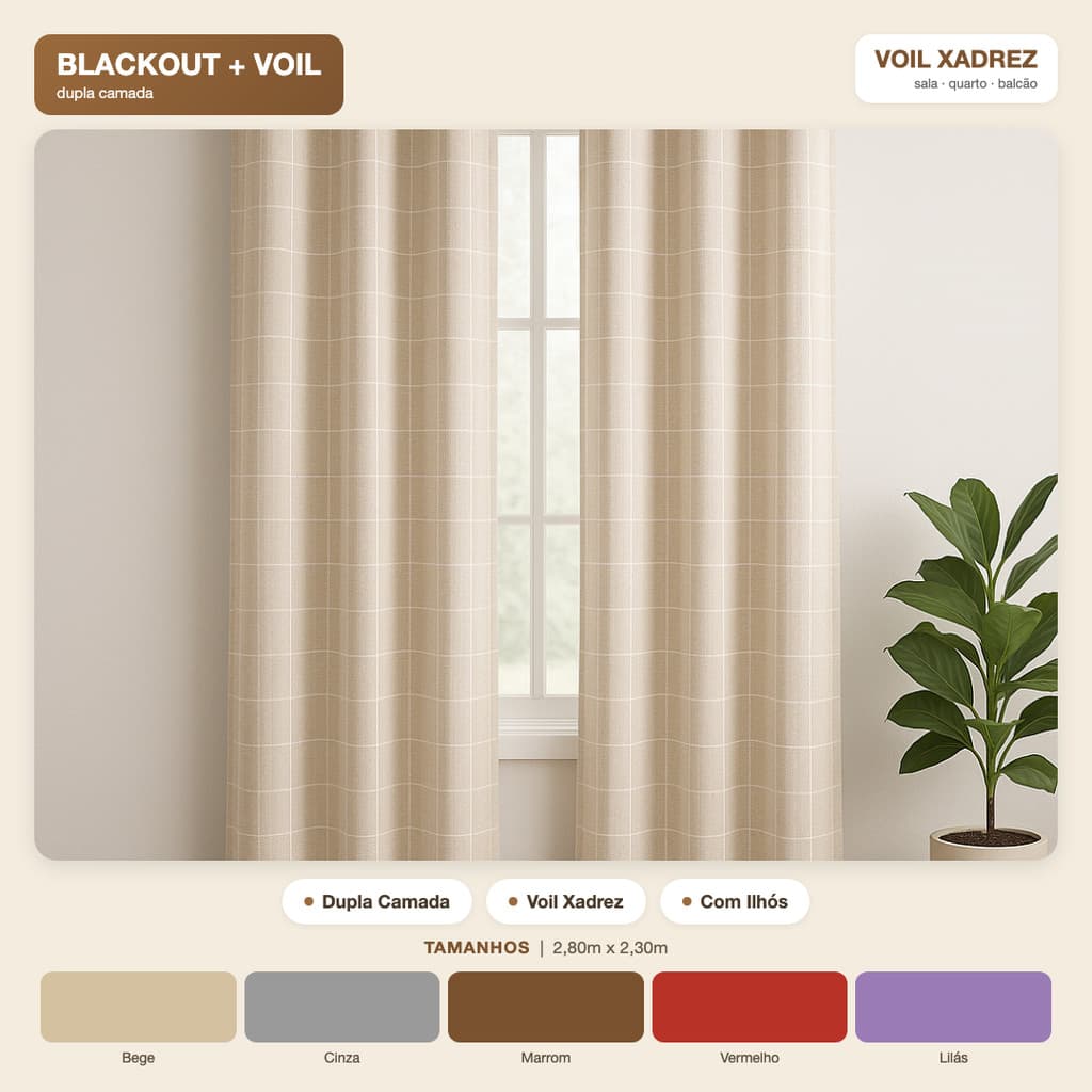 Cortina Blackout 2,80x2,30 com Voil Xadrez Sala Quarto Porta Balcão 16 Ilhoses