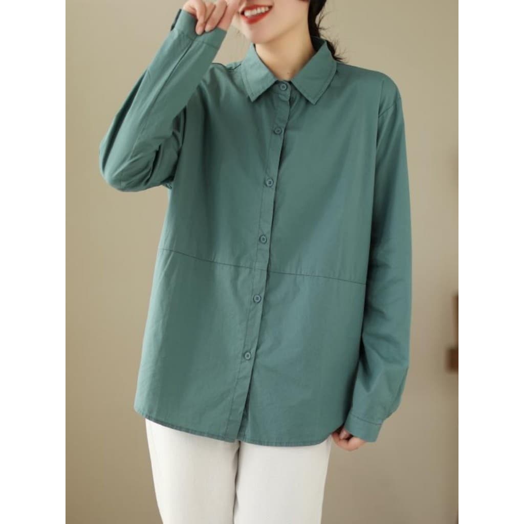 Moda Retro contraste cor lapela camisa de cor sólida feminina solta versão grande Casual All-Match manga comprida gola P
