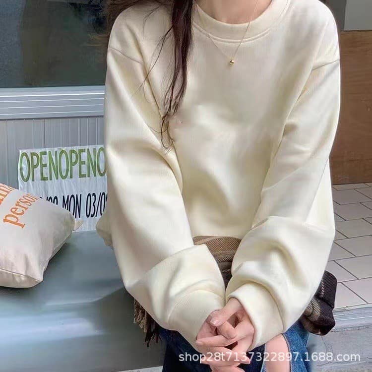 Novo estilo outono inverno em torno do pescoço moletom feminino topo manga longa branco cor sólida solto meninas primave