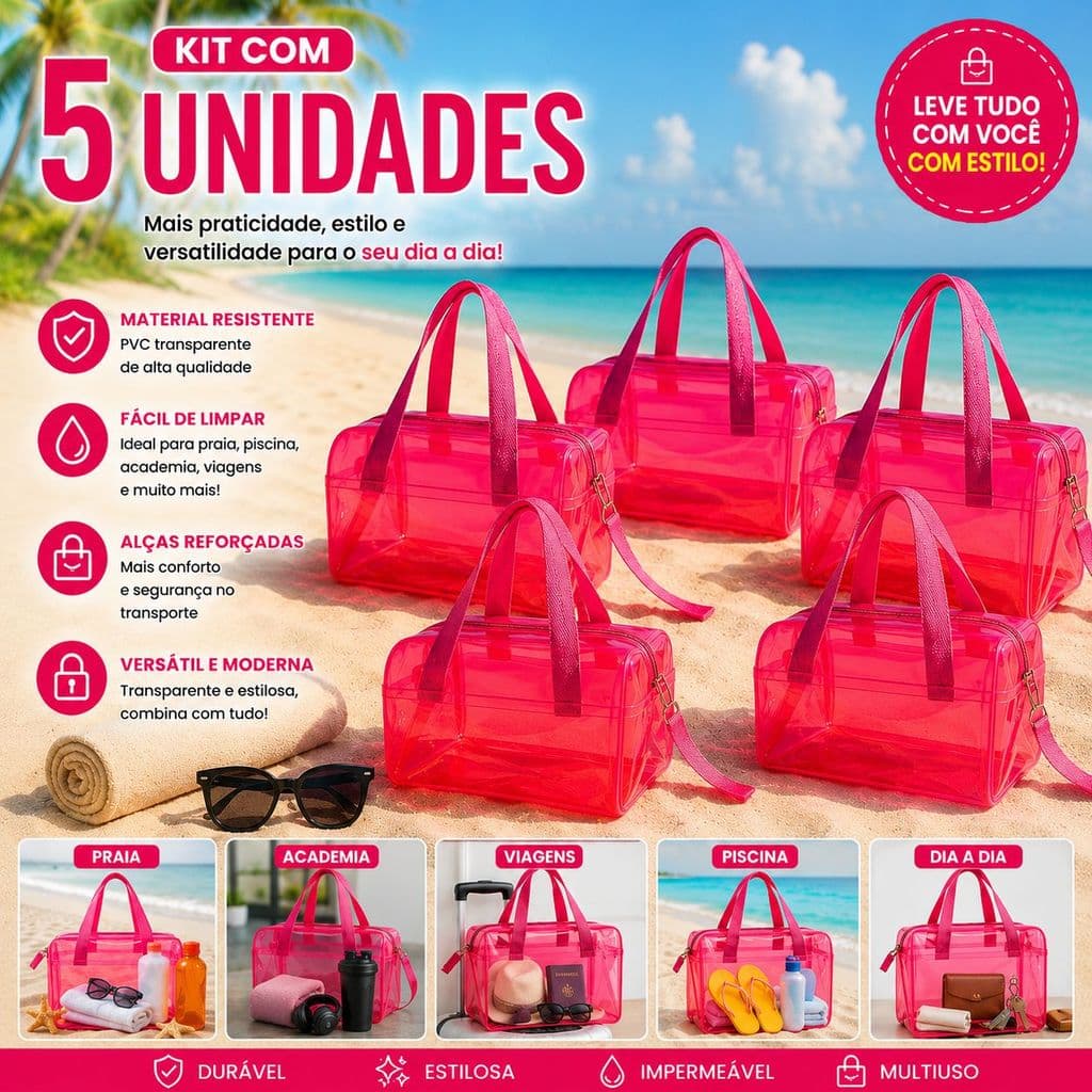 kit com 5 Bolsas Praia Piscina Maternidade Transparente Neon