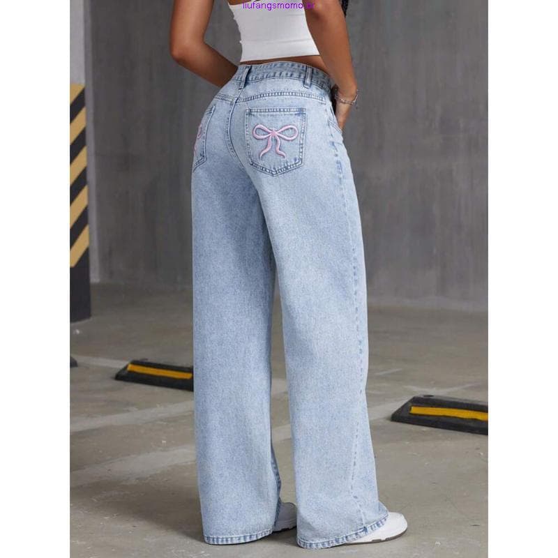 Calça Jeans Bordada Com Laço SHEIN Yk.calças Retas De Cintura Calças Soltas.shein Bow Bordado Feminino y