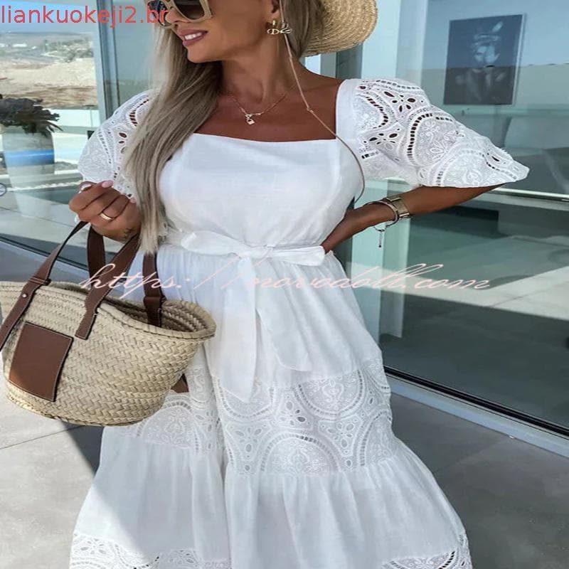 Vestido Feminino Oco Com Gola Em U , Renda , Manga Bufante , Cintura Solta , Beliscando , Gongyan , Férias , Linha , Lon