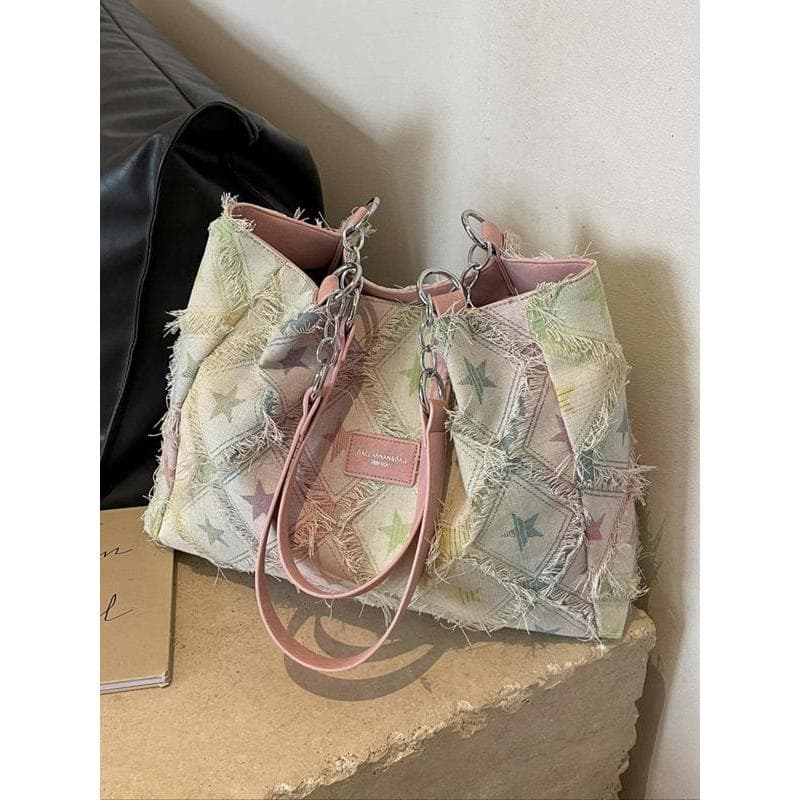 Bolsa de Viagem com Padrão de Estrelas e Acabamento Cru, Bolsa Rosa para Mães, Bolsas Tote, Bolsa Estampada da Moda para