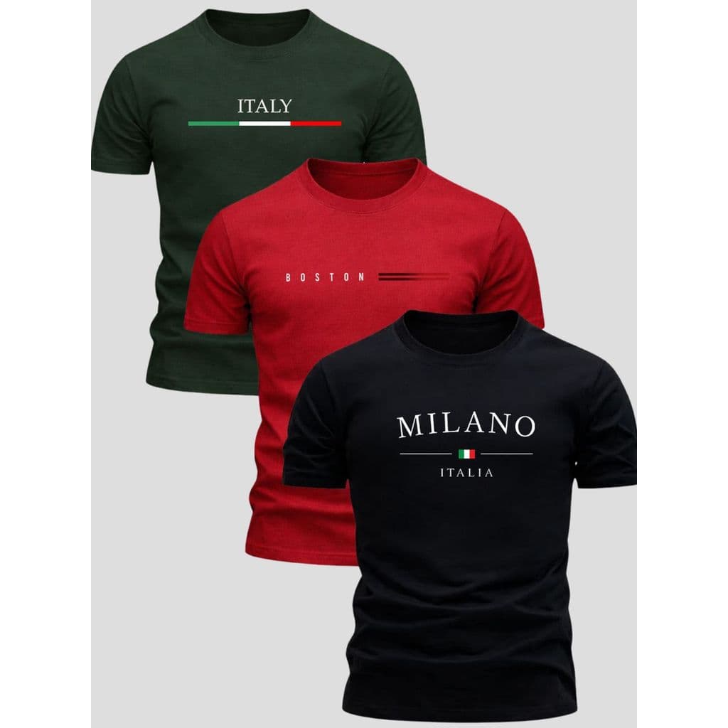 Kit 3 Camisetas Masculina 100% Algodão Estampa  Paris/ Boston/ Milano -Confortável  Varias Cores Oferta
