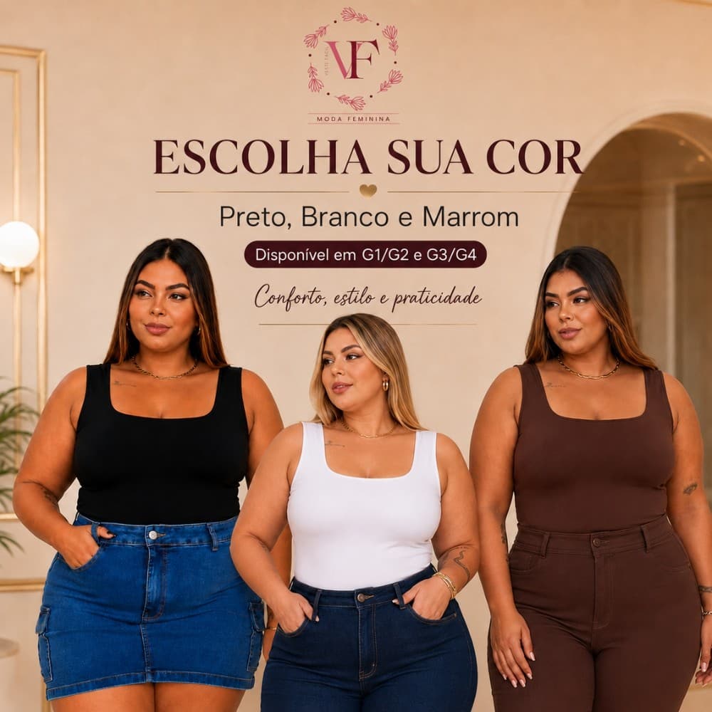 Kit 2 e 3 Body Regata Plus Size Suplex com Decote Quadrado Moda Feminina