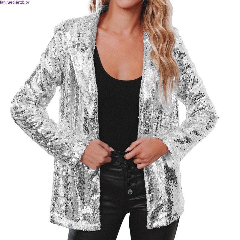Jaqueta Feminina De Lantejoulas Brilhante Frente Aberta Blazer Festa À Noite Casaco Cardigã De Manga Comp